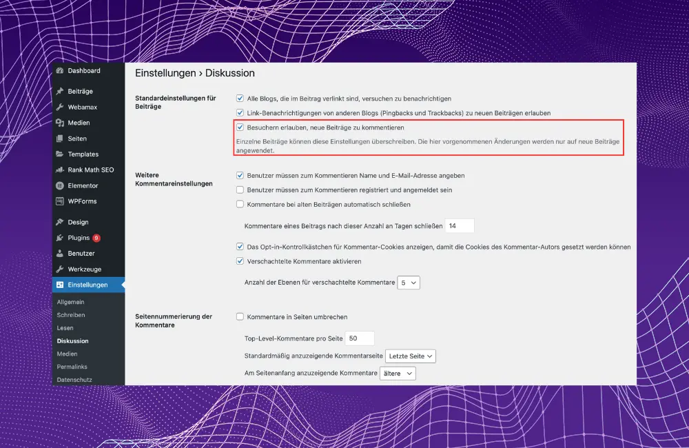 WordPress Kommentarfunktion für die gesamte Seite deaktivieren