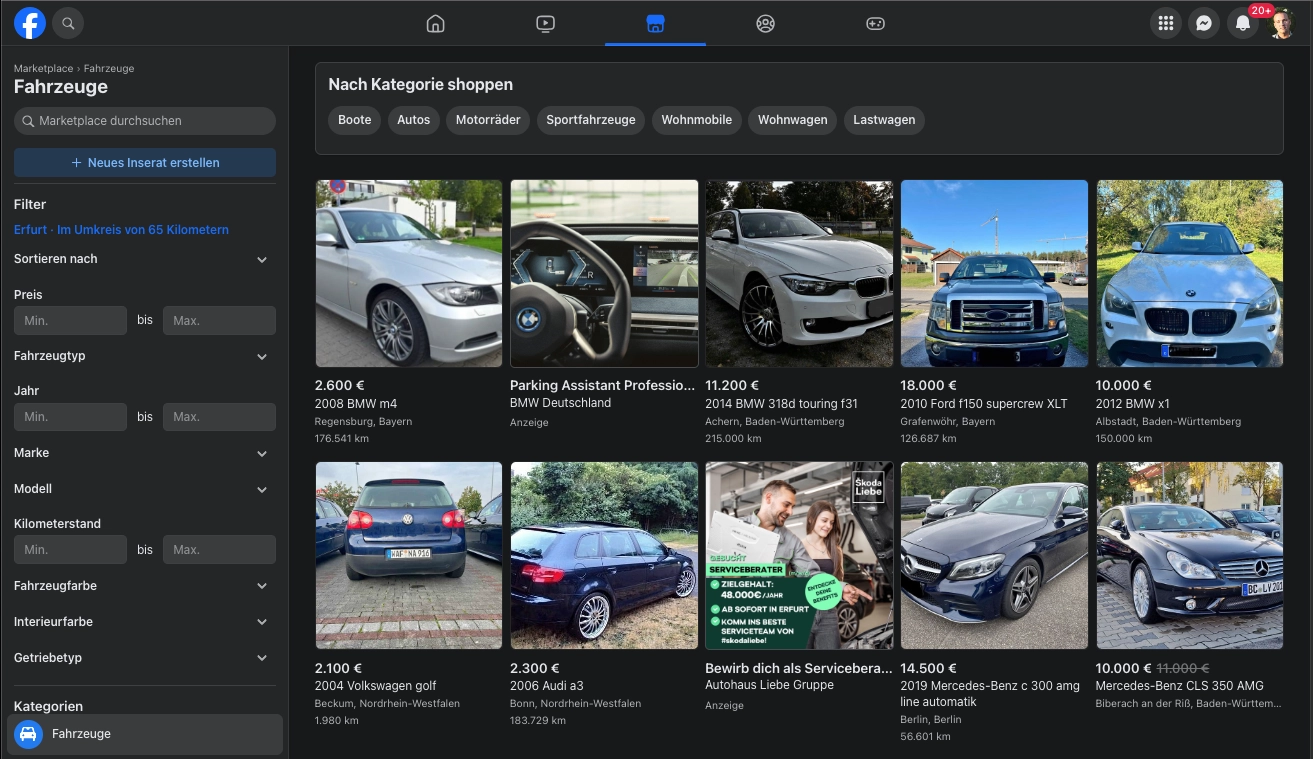 Screenshot Facebook Marketplace - Kunden als Auto Händler gewinnen